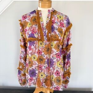 Anthropologie Raga Wild Gardens Tasseled Tie Peasant Blouse NWT Medium